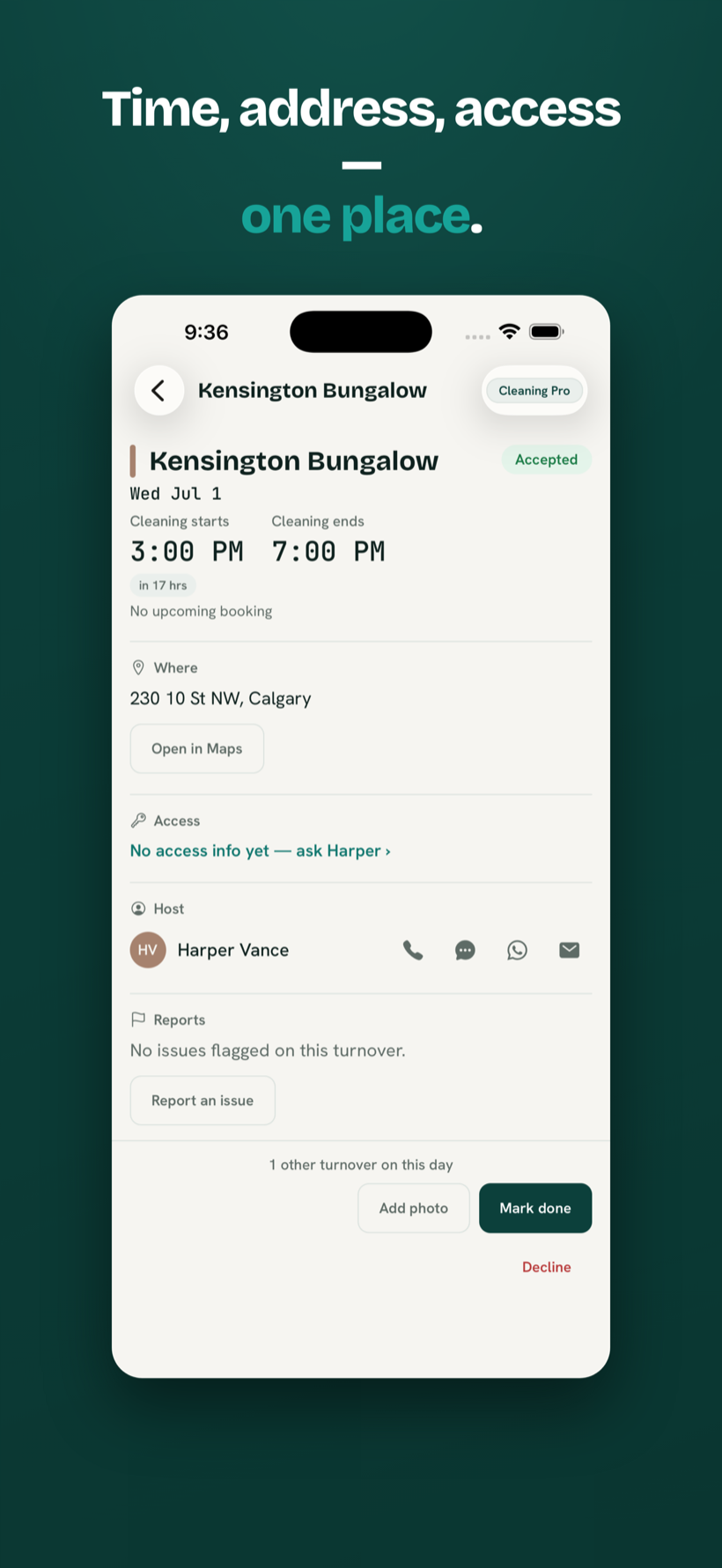 Time, address, access in one place — turnover detail